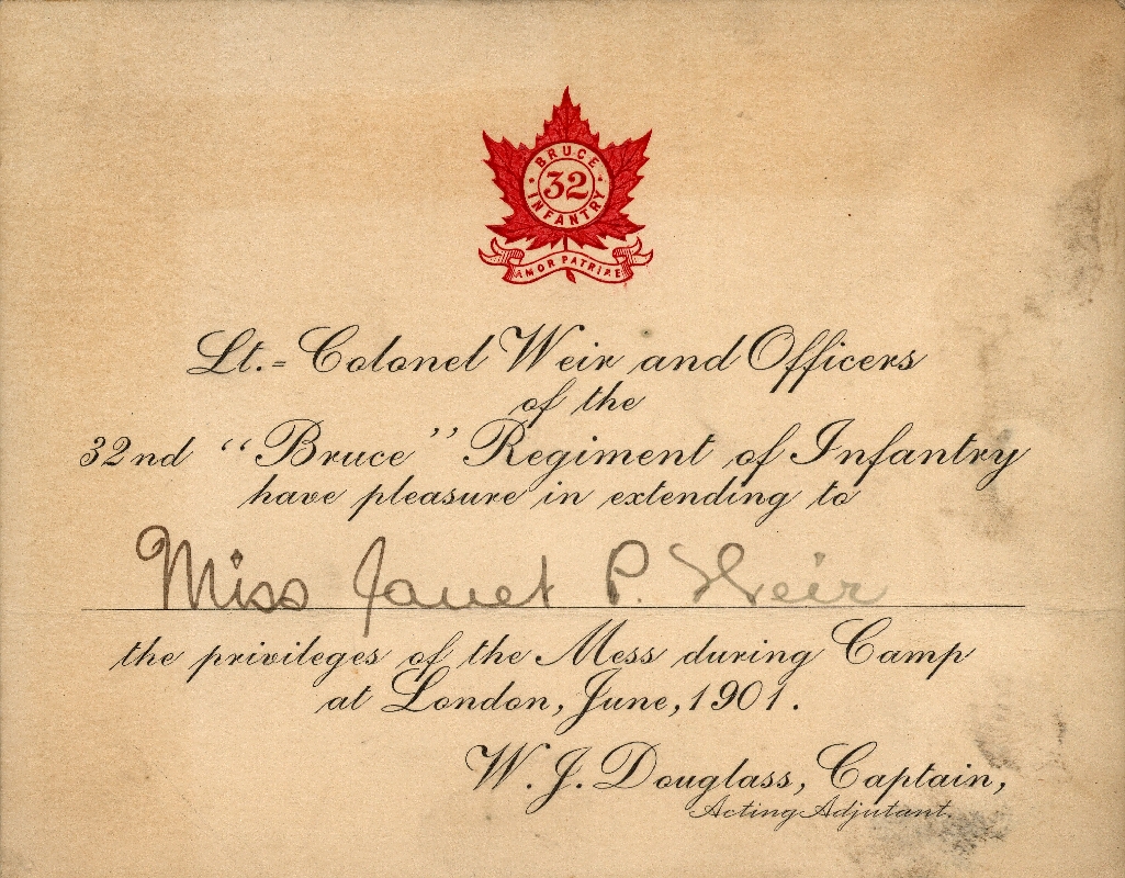 Invitation to 32nd Regiment Mess addressed to Miss. Janet Weir, in 1901